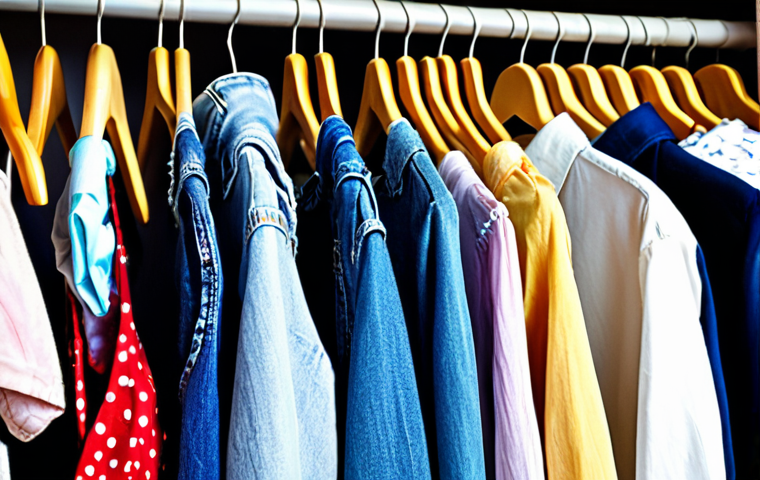 **
Prompt: "Cluttered closet overflowing with clothes, some neatly folded, others spilling out. Close-up showing a variety of textures and colors: denim, silk, cotton. Bright, slightly overexposed lighting to emphasize the volume. Suggests a feeling of 'too much' and the need to declutter and sell. Vinted app icon subtly visible in the background on a phone screen."
**